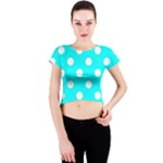 Polka Dots - White on Aqua Cyan Crew Neck Crop Top