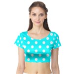 Polka Dots - White on Aqua Cyan Short Sleeve Crop Top (Tight Fit)