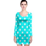 Polka Dots - White on Aqua Cyan Long Sleeve Bodycon Dress