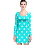 Polka Dots - White on Aqua Cyan Long Sleeve Velvet Bodycon Dress