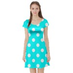 Polka Dots - White on Aqua Cyan Short Sleeve Skater Dress