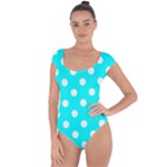 Polka Dots - White on Aqua Cyan Short Sleeve Leotard (Ladies)