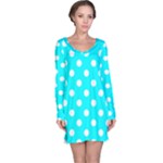 Polka Dots - White on Aqua Cyan Long Sleeve Nightdress