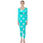 Polka Dots - White on Aqua Cyan Long Sleeve Catsuit