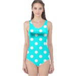 Polka Dots - White on Aqua Cyan One Piece Swimsuit