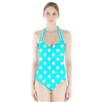 Polka Dots - White on Aqua Cyan Women s Halter One Piece Swimsuit