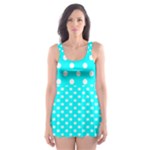 Polka Dots - White on Aqua Cyan Skater Dress Swimsuit