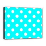 Polka Dots - White on Aqua Cyan Canvas 14  x 11  (Stretched)