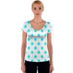Polka Dots - Aqua Cyan on White Women s V-Neck Cap Sleeve Top