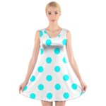 Polka Dots - Aqua Cyan on White V-Neck Sleeveless Dress