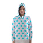 Polka Dots - Aqua Cyan on White Hooded Wind Breaker (Women)