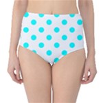 Polka Dots - Aqua Cyan on White High-Waist Bikini Bottoms