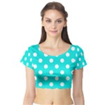 Polka Dots - White on Bright Turquoise Short Sleeve Crop Top (Tight Fit)