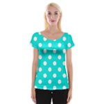 Polka Dots - White on Bright Turquoise Women s Cap Sleeve Top