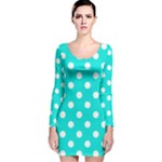 Polka Dots - White on Bright Turquoise Long Sleeve Velvet Bodycon Dress