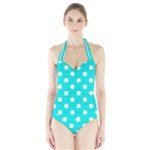 Polka Dots - White on Bright Turquoise Women s Halter One Piece Swimsuit