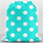 Polka Dots - White on Bright Turquoise Drawstring Bag (Large)