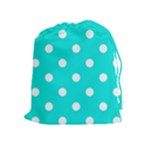 Polka Dots - White on Bright Turquoise Drawstring Pouch (XL)