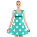 Polka Dots - White on Turquoise V-Neck Sleeveless Dress
