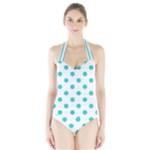 Polka Dots - Turquoise on White Women s Halter One Piece Swimsuit