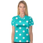 Polka Dots - White on Cyan Women s V-Neck Sport Mesh Tee