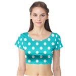 Polka Dots - White on Cyan Short Sleeve Crop Top (Tight Fit)