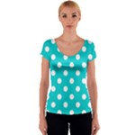 Polka Dots - White on Cyan Women s V-Neck Cap Sleeve Top