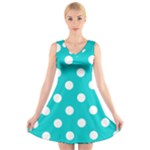 Polka Dots - White on Cyan V-Neck Sleeveless Dress