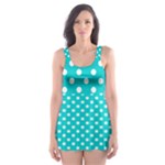 Polka Dots - White on Cyan Skater Dress Swimsuit