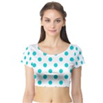 Polka Dots - Cyan on White Short Sleeve Crop Top (Tight Fit)