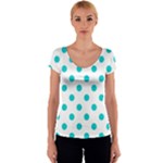 Polka Dots - Cyan on White Women s V-Neck Cap Sleeve Top
