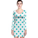Polka Dots - Cyan on White Long Sleeve Velvet Bodycon Dress