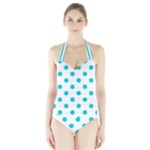 Polka Dots - Cyan on White Women s Halter One Piece Swimsuit