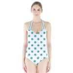 Polka Dots - Verdigris on White Women s Halter One Piece Swimsuit