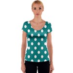 Polka Dots - White on Teal Women s V-Neck Cap Sleeve Top