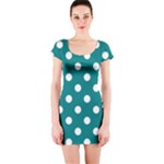 Polka Dots - White on Teal Short Sleeve Bodycon Dress