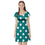 Polka Dots - White on Teal Short Sleeve Skater Dress