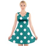 Polka Dots - White on Teal V-Neck Sleeveless Dress