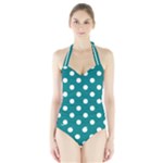 Polka Dots - White on Teal Women s Halter One Piece Swimsuit