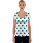 Polka Dots - Teal on White Women s V-Neck Cap Sleeve Top