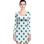Polka Dots - Teal on White Long Sleeve Velvet Bodycon Dress