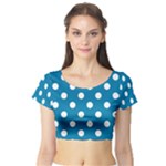 Polka Dots - White on Cerulean Short Sleeve Crop Top (Tight Fit)