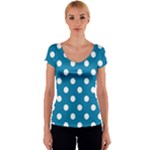 Polka Dots - White on Cerulean Women s V-Neck Cap Sleeve Top