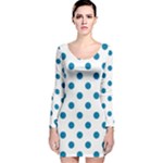 Polka Dots - Cerulean on White Long Sleeve Velvet Bodycon Dress