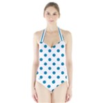 Polka Dots - Cerulean on White Women s Halter One Piece Swimsuit