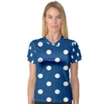 Polka Dots - White on Dark Cerulean Women s V-Neck Sport Mesh Tee
