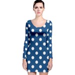 Polka Dots - White on Dark Cerulean Long Sleeve Velvet Bodycon Dress