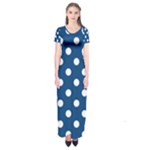 Polka Dots - White on Dark Cerulean Short Sleeve Maxi Dress