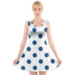 Polka Dots - Dark Cerulean on White V-Neck Sleeveless Dress
