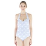 Polka Dots - White on Pastel Blue Women s Halter One Piece Swimsuit